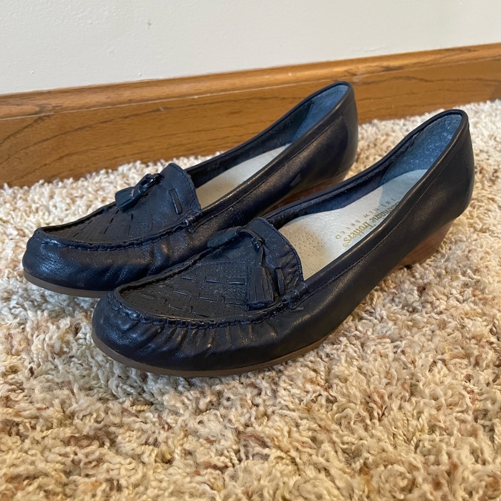Oldmaine trotters size 7 genuine leather loafers black tasseled weave pattern